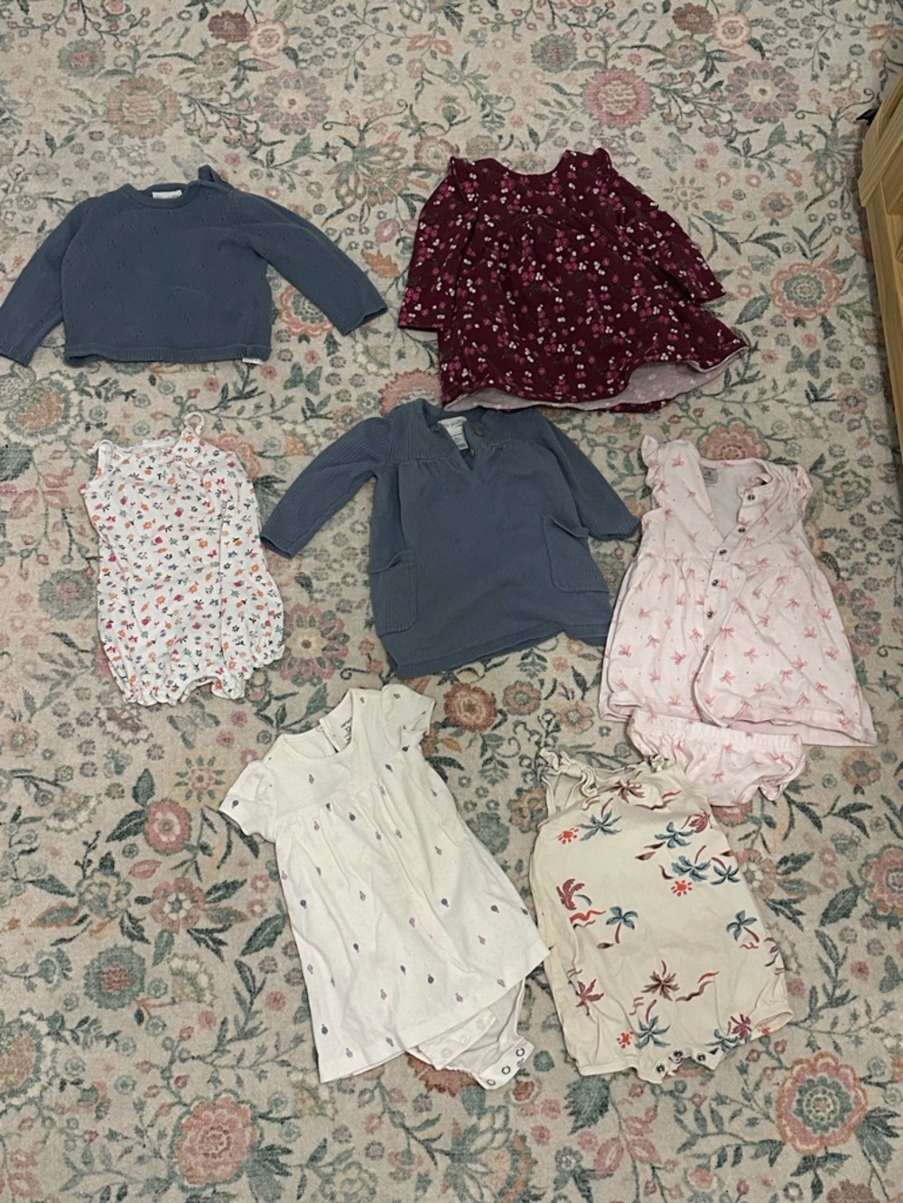 Bundle of 7 Baby Girl Clothes in 12mo size - 1 sweater, 4 dresses, 2 rompers
